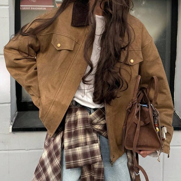 Jackets & Blazers - Khaki Casual Women's Loose Pocket Oversized faux Suede Jacket